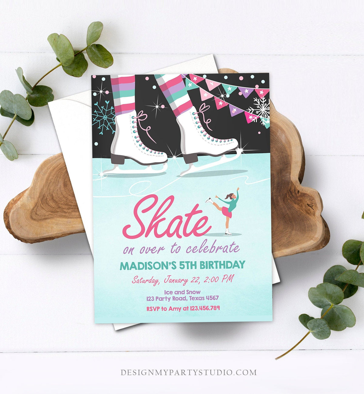 Editable Ice Skating Invitation Ice Skating Birthday Party Girl Pink Mint Skate Party Winter Download Printable Invitation Template Corjl