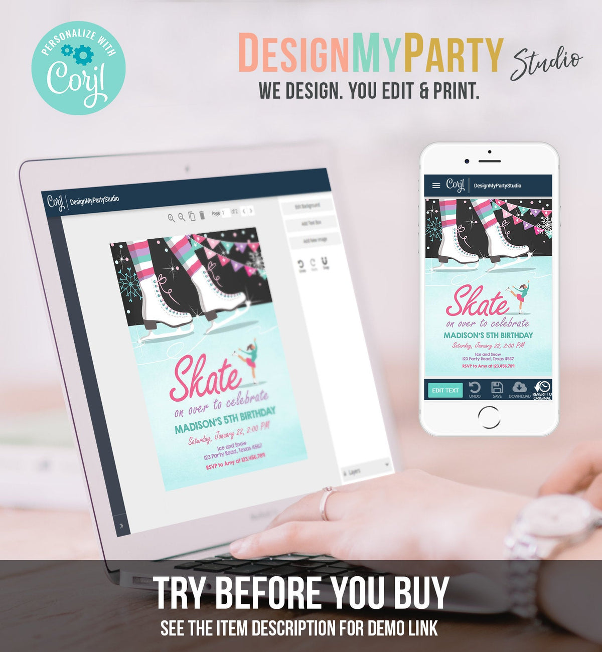 Editable Ice Skating Invitation Ice Skating Birthday Party Girl Pink Mint Skate Party Winter Download Printable Invitation Template Corjl