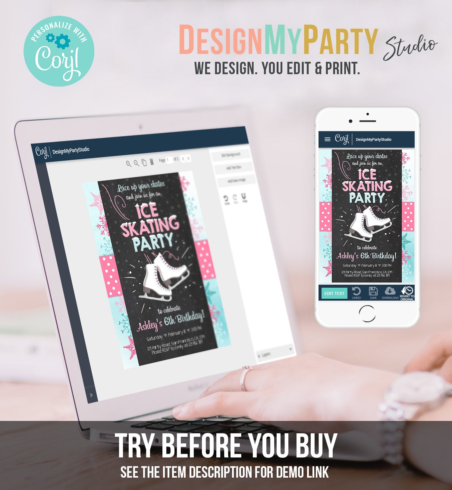 Editable Ice Skating Invitation Ice Skating Birthday Party Girl Pink Mint Skate Party Winter Download Printable Invitation Template Corjl