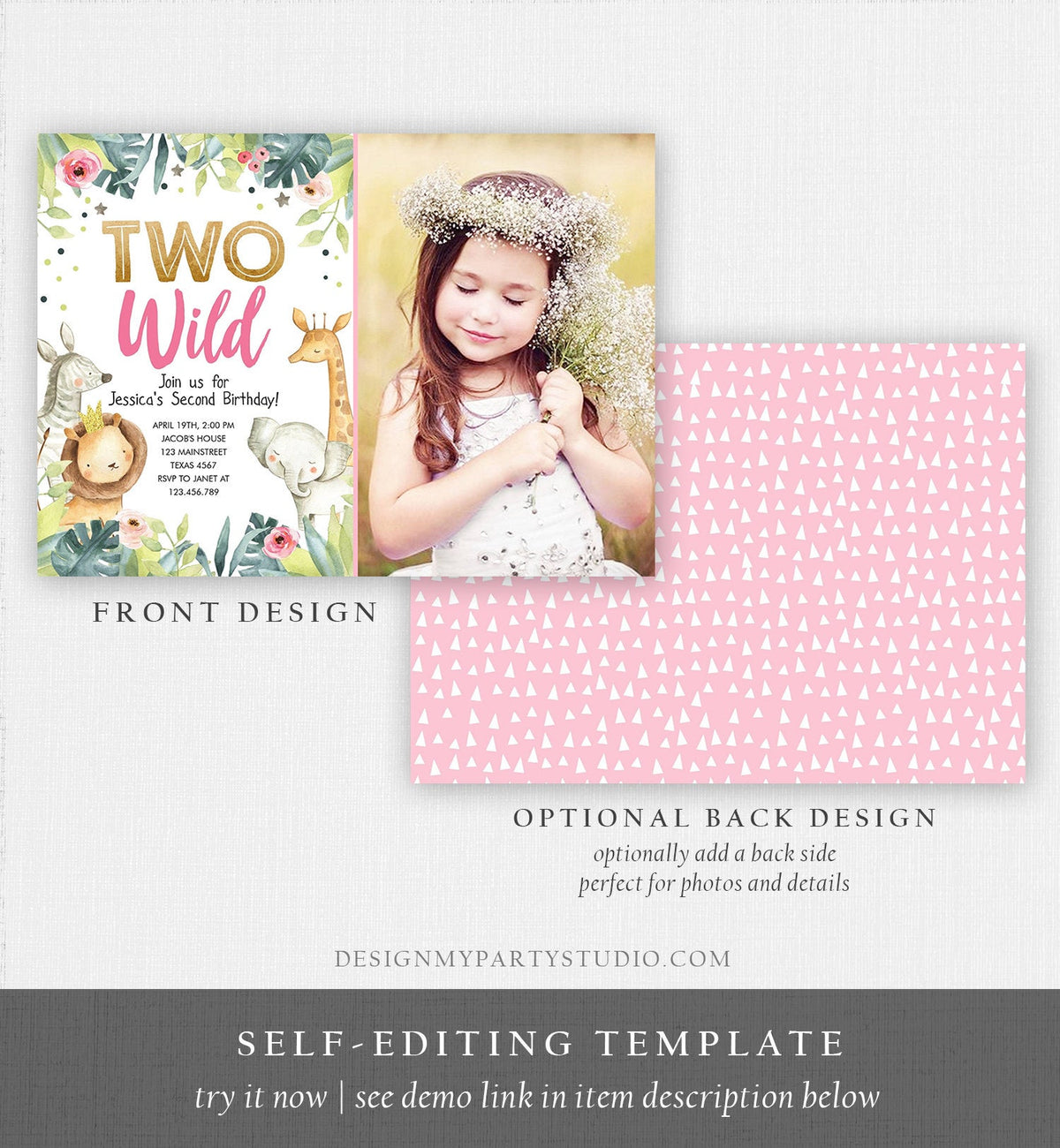 Editable Two Wild Birthday Invitation Girl Party Animals Invite Party Jungle Safari Pink Gold Zoo Download Printable Template Corjl 0163
