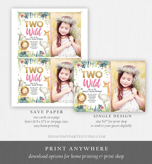 Editable Two Wild Birthday Invitation Girl Party Animals Invite Party Jungle Safari Pink Gold Zoo Download Printable Template Corjl 0163