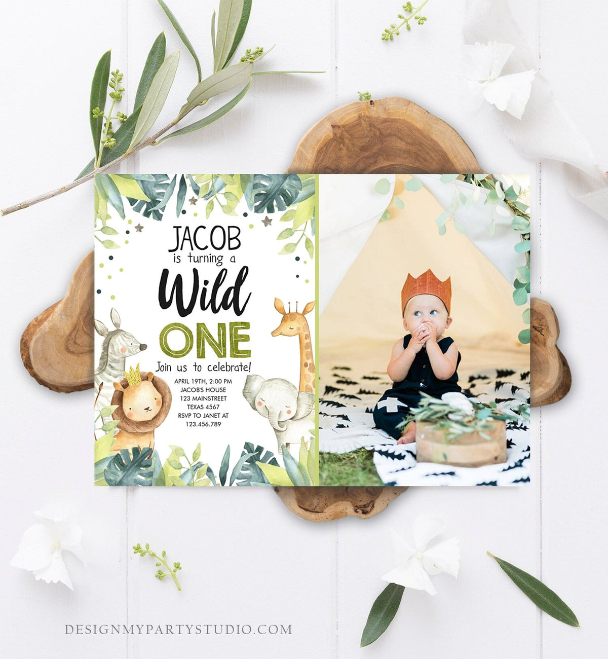 Editable Wild One Birthday Invitation Safari Animals Jungle Safari Birthday Black Gold Download Printable Invitation Template Corjl 0163