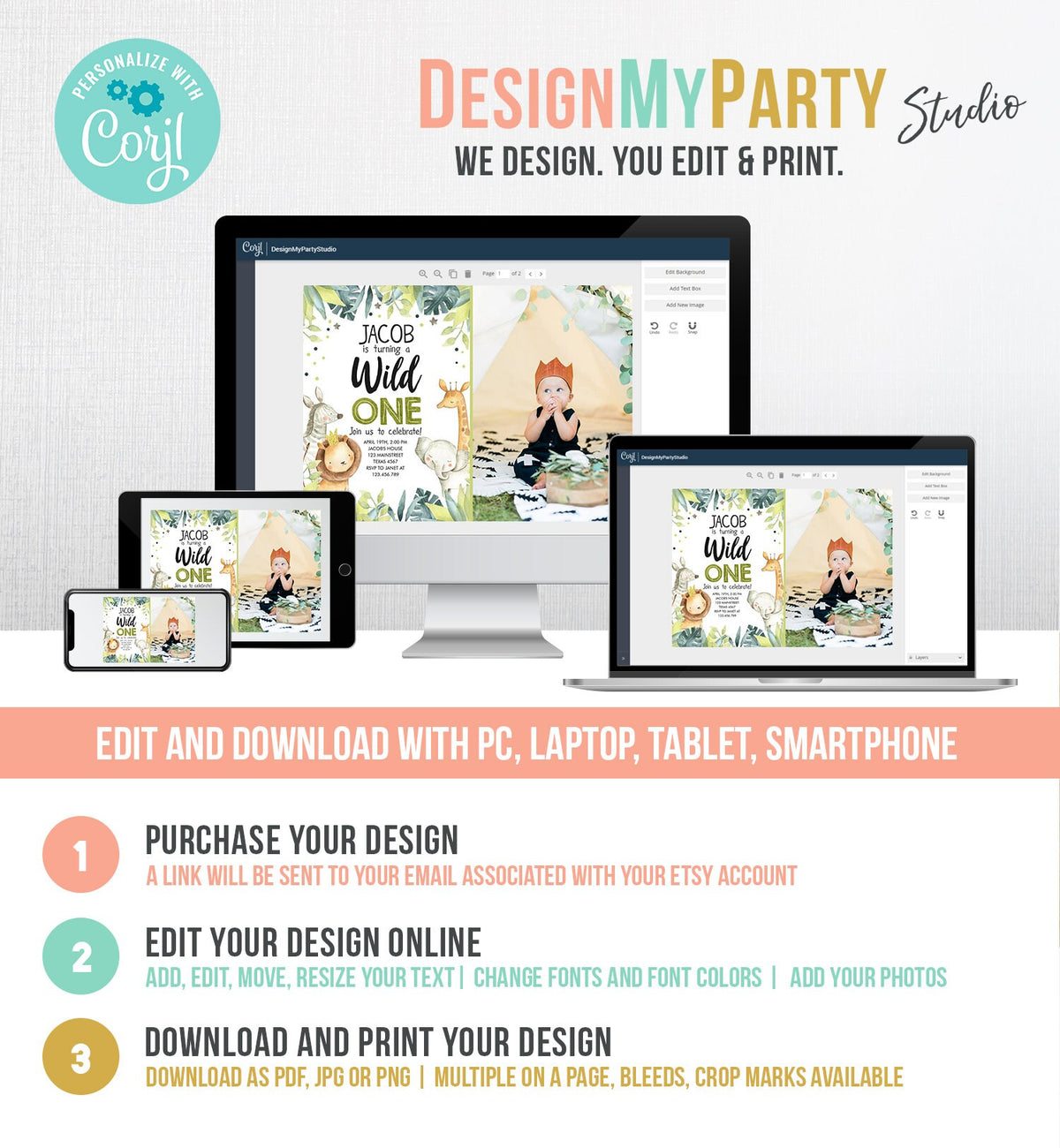 Editable Wild One Birthday Invitation Safari Animals Jungle Safari Birthday Black Gold Download Printable Invitation Template Corjl 0163