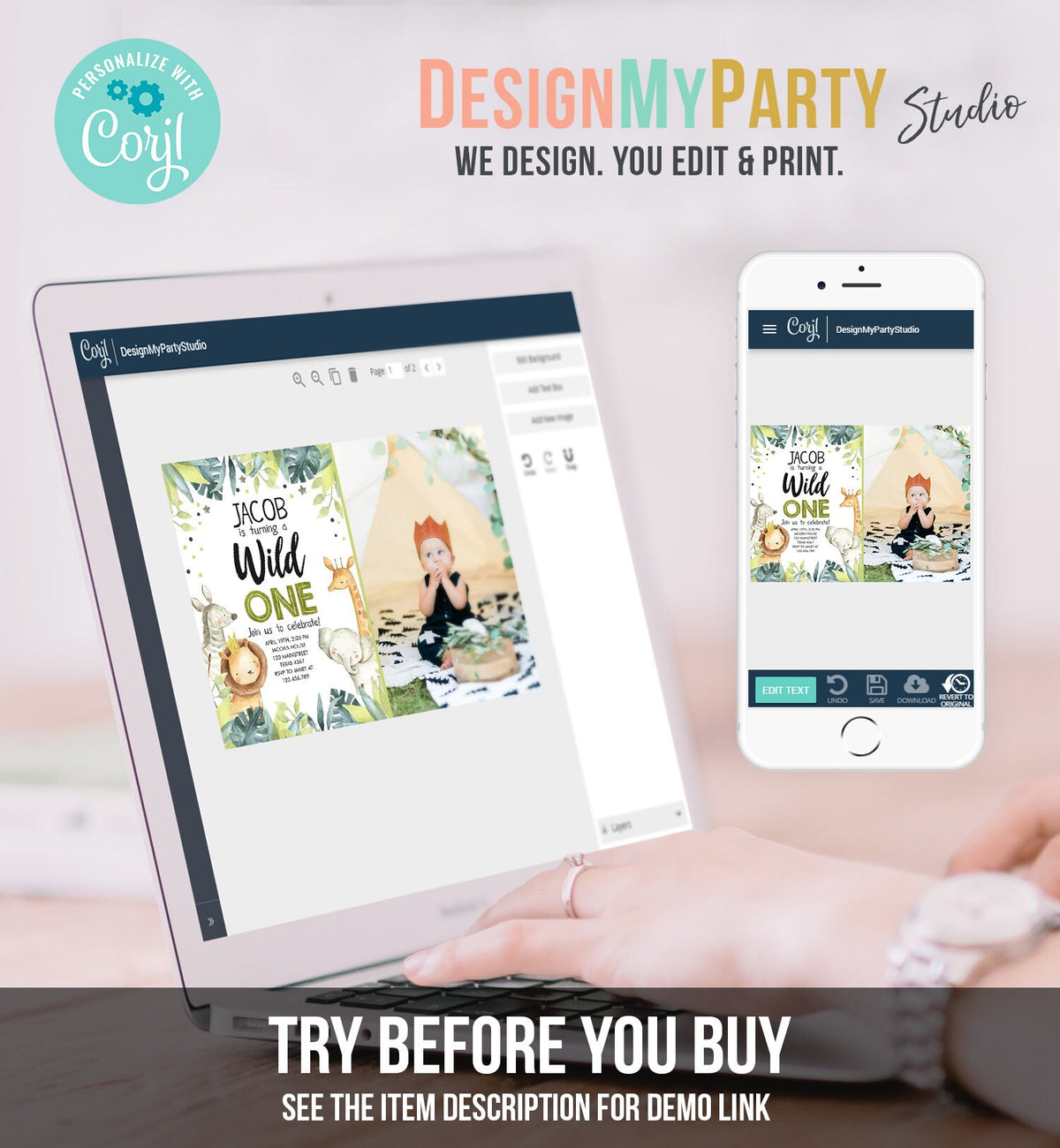 Editable Wild One Birthday Invitation Safari Animals Jungle Safari Birthday Black Gold Download Printable Invitation Template Corjl 0163