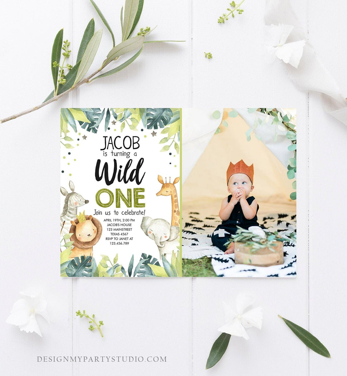 Editable Wild One Birthday Invitation Safari Animals Jungle Safari Birthday Black Gold Download Printable Invitation Template Corjl 0163