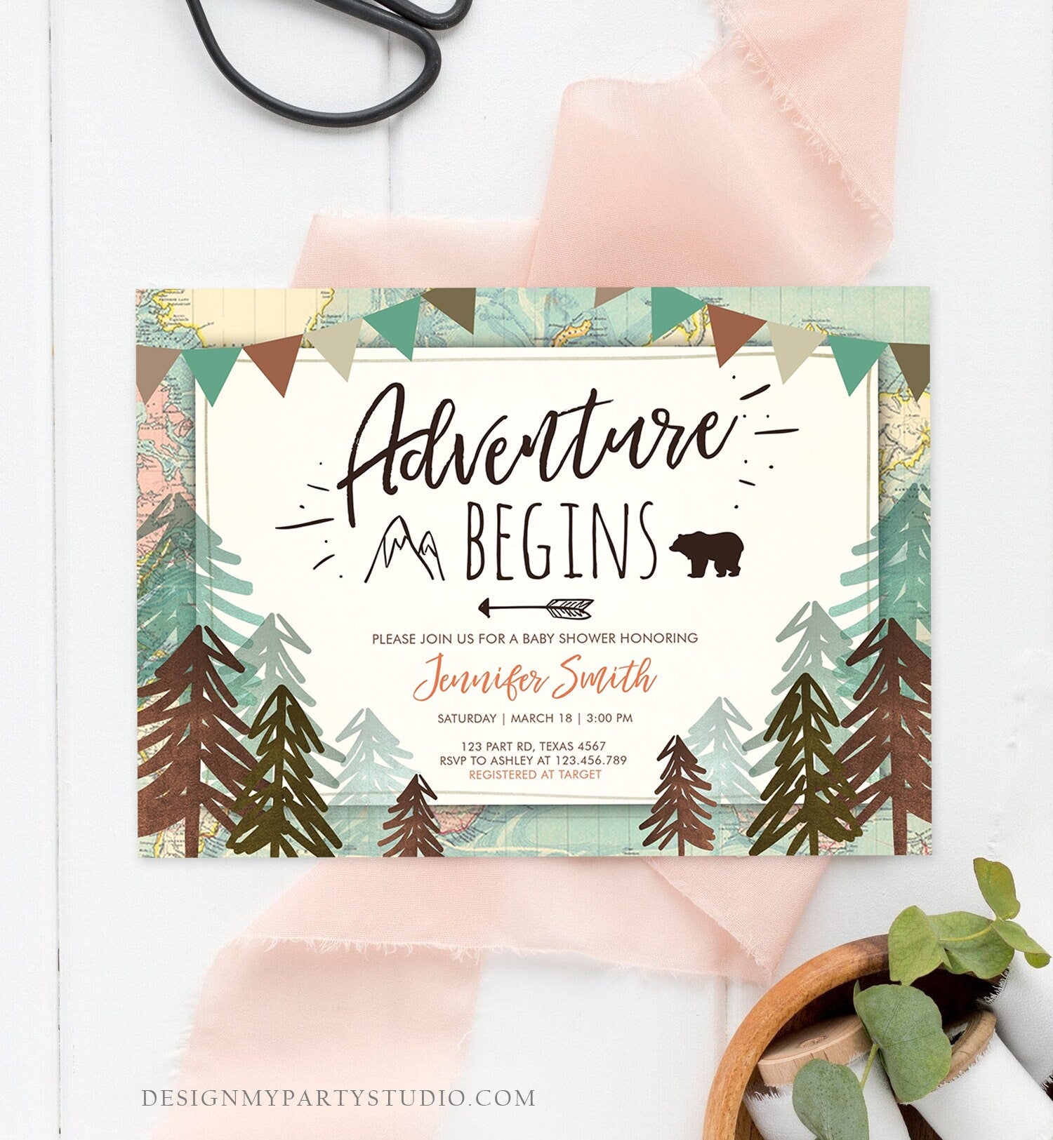 Editable Adventure Begins Baby Shower Invitation Forest Woodland Vintage Globe Travel Around the World Awaits Corjl Template Printable 0044