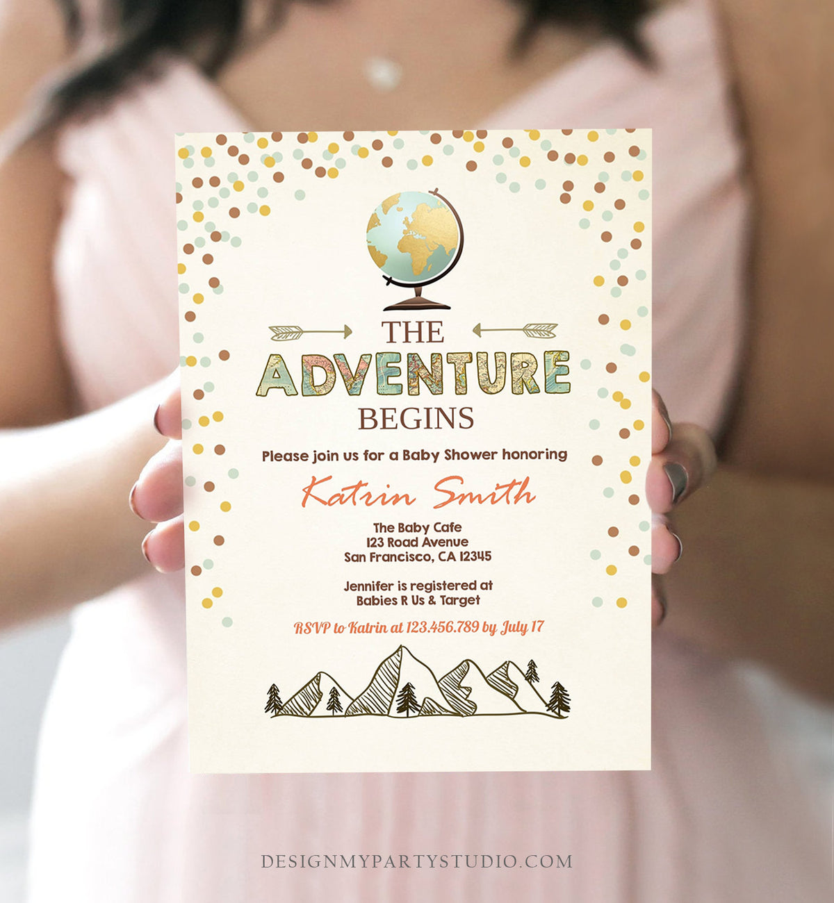 Editable Adventure Begins Baby Shower Invitation Forest Mountains Vintage Globe Travel Around World Digital Corjl Template Printable 0044