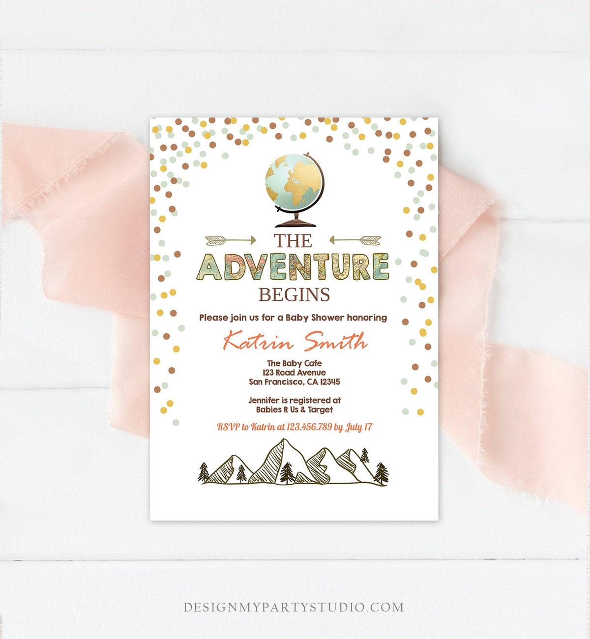 Editable Adventure Begins Baby Shower Invitation Forest Mountains Vintage Globe Travel Around World Digital Corjl Template Printable 0044