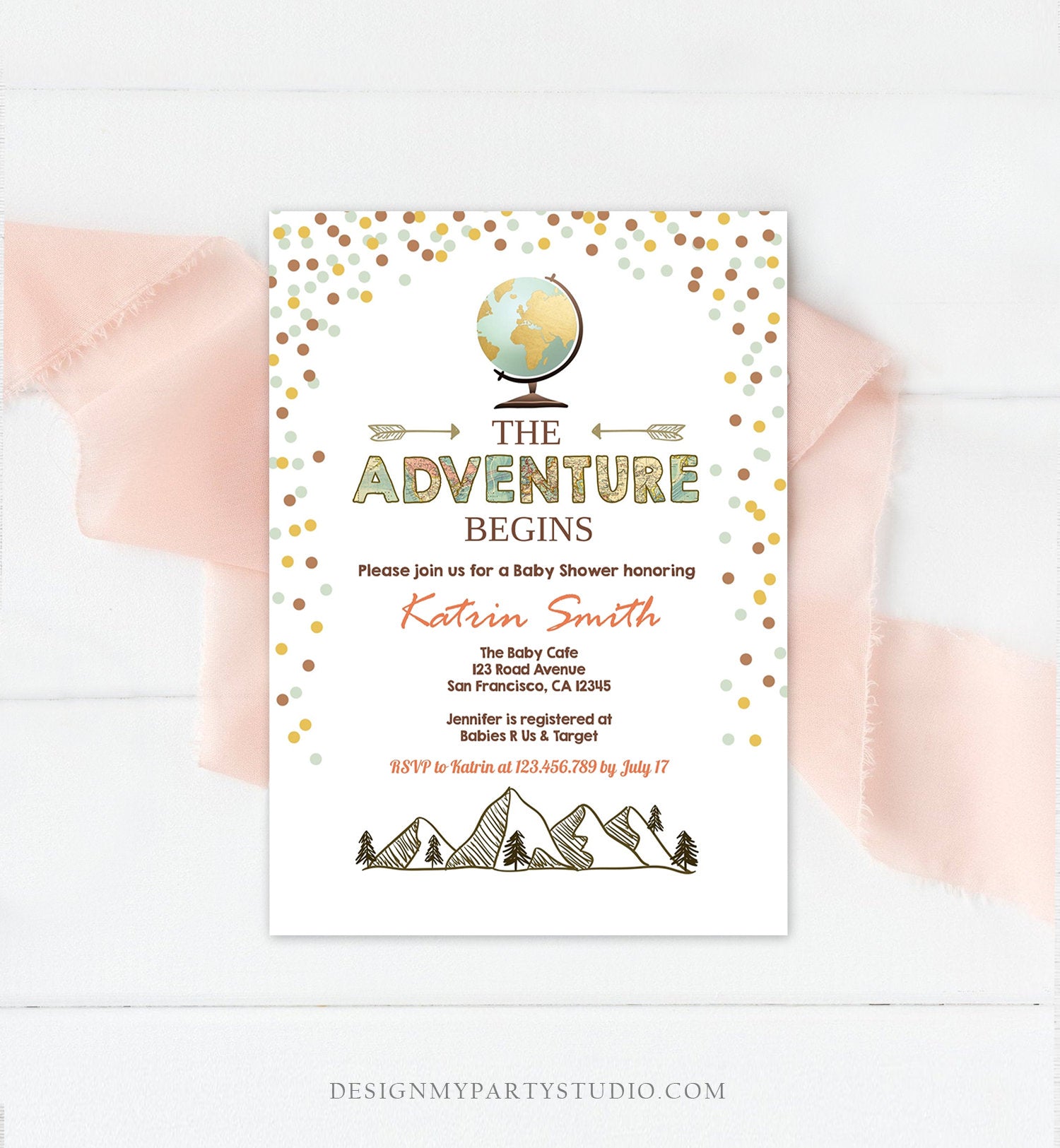Editable Adventure Begins Baby Shower Invitation Forest Mountains Vintage Globe Travel Around World Digital Corjl Template Printable 0044