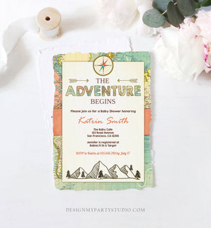 Editable Adventure Begins Baby Shower Invitation Forest Mountains Vintage World Map Travel Around Digital Corjl Template Printable 0044