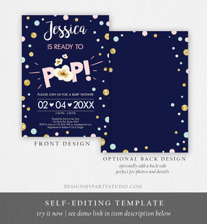 Editable Ready to Pop Baby Shower Invitation Girl Pink Gold Popcorn Confetti Pop Balloon Download Printable Template Digital Corjl 0211