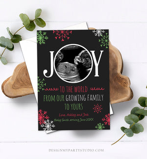 Editable Christmas Pregnancy Announcement Grandparents Joy Family Pregnancy Reveal Photo Ultrasound Printable Invitation Template Corjl