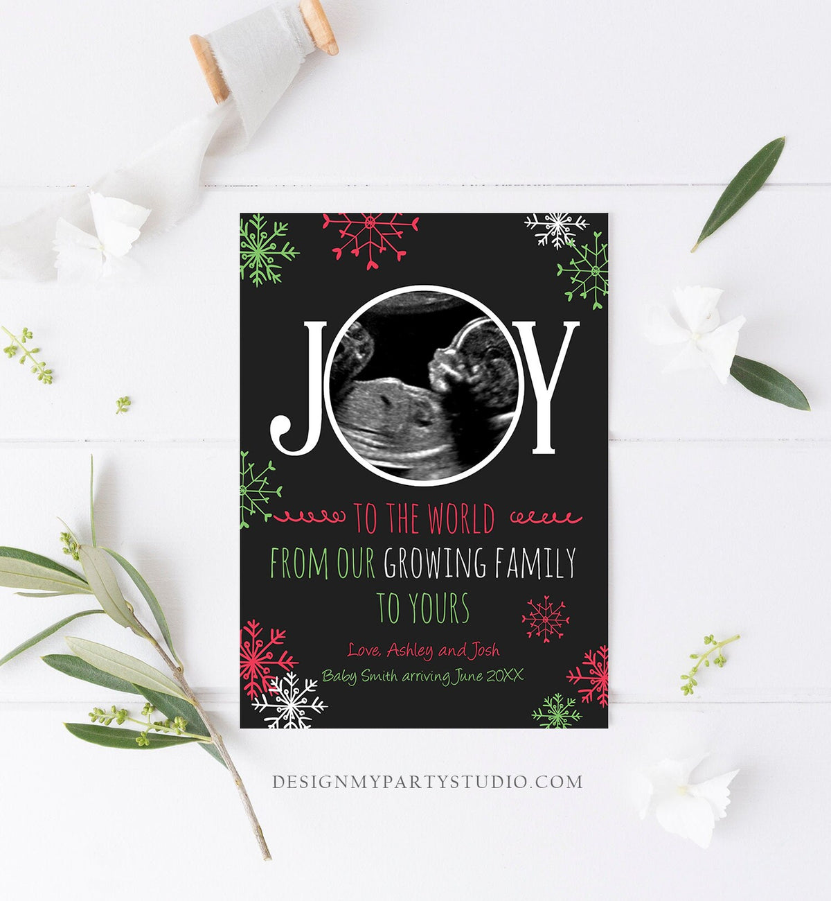 Editable Christmas Pregnancy Announcement Grandparents Joy Family Pregnancy Reveal Photo Ultrasound Printable Invitation Template Corjl