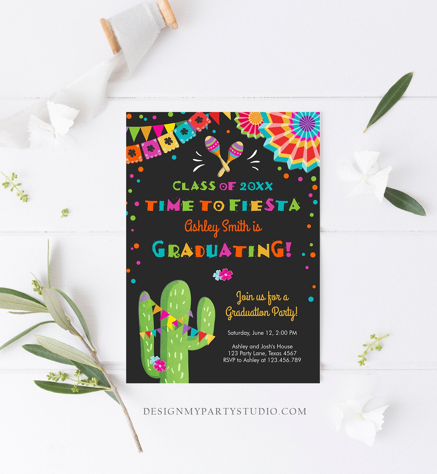 Editable Time to Fiesta Graduation Party Invitation Cactus Let's Fiesta Grad Mexican Graduate Graduating College School Corjl Template 0045