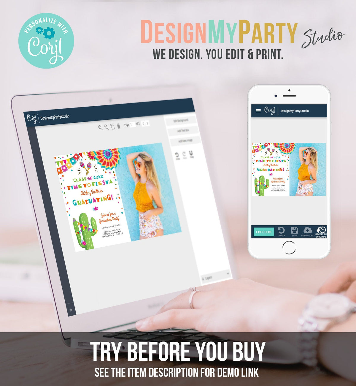 Editable Time to Fiesta Graduation Party Invitation Cactus Let&#39;s Fiesta Grad Mexican Graduate Graduating College School Corjl Template 0045