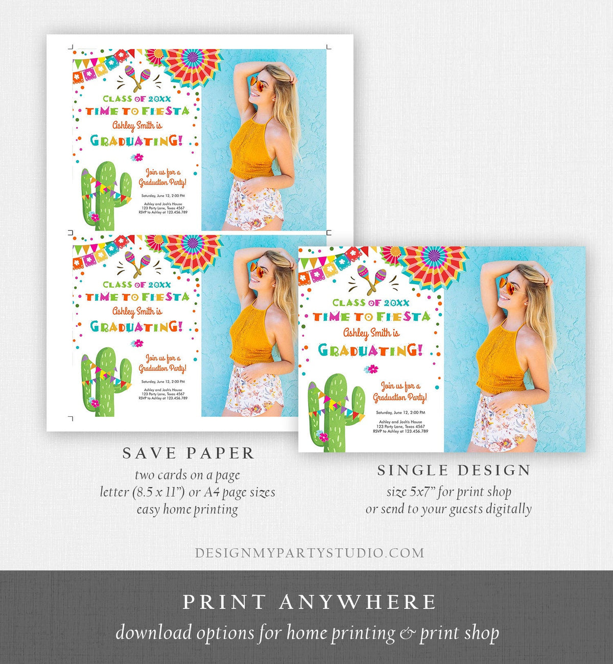 Editable Time to Fiesta Graduation Party Invitation Cactus Let&#39;s Fiesta Grad Mexican Graduate Graduating College School Corjl Template 0045