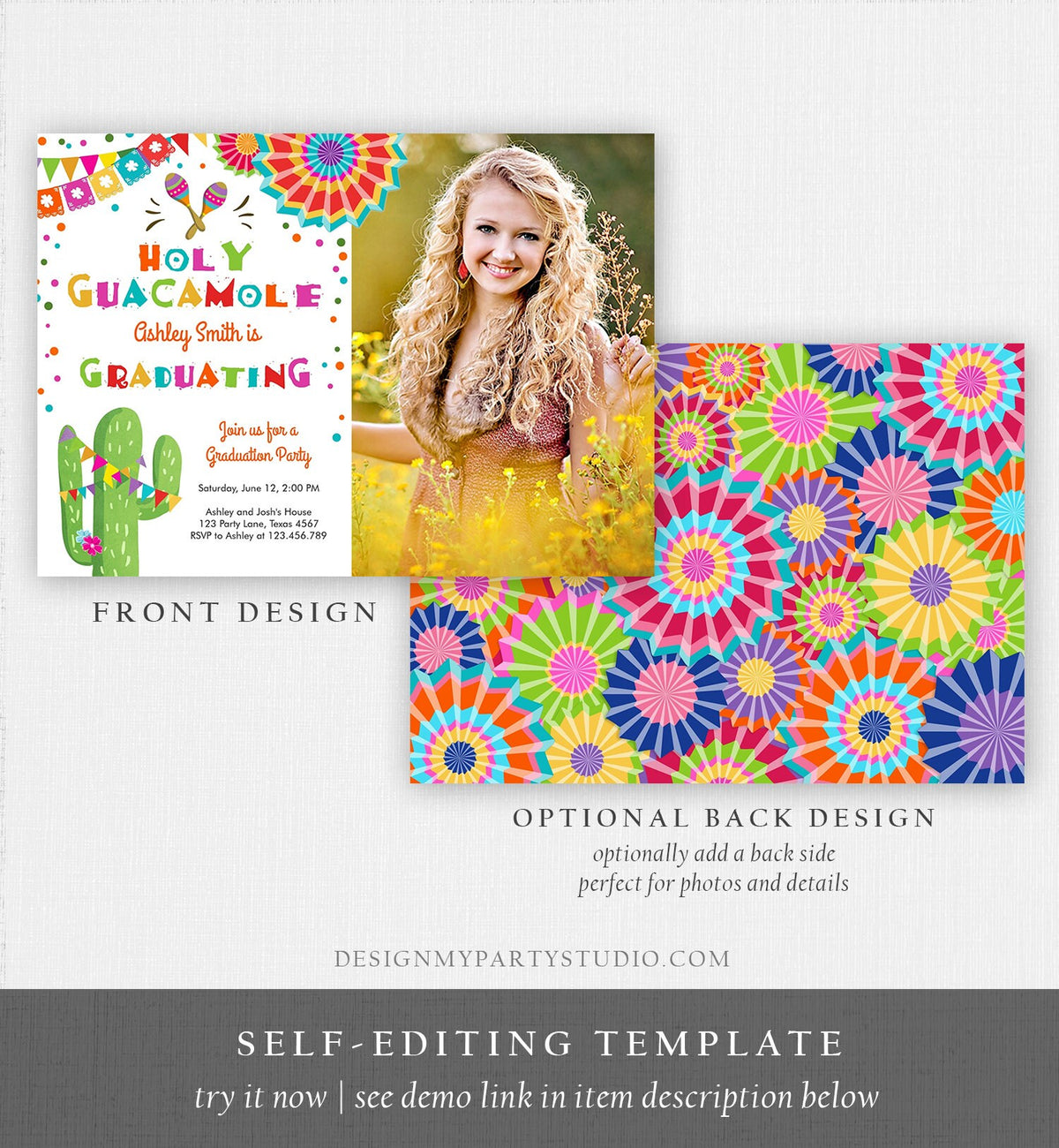 Editable Holy Guacamole Graduation Party Invitation Cactus Let&#39;s Fiesta Grad Mexican Graduate Graduating College School Corjl Template 0045