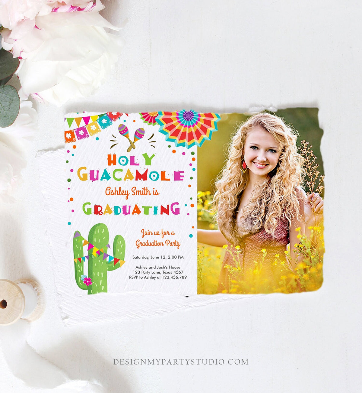 Editable Holy Guacamole Graduation Party Invitation Cactus Let&#39;s Fiesta Grad Mexican Graduate Graduating College School Corjl Template 0045