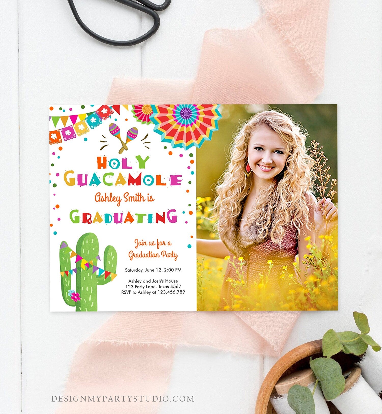 Editable Holy Guacamole Graduation Party Invitation Cactus Let's Fiesta Grad Mexican Graduate Graduating College School Corjl Template 0045