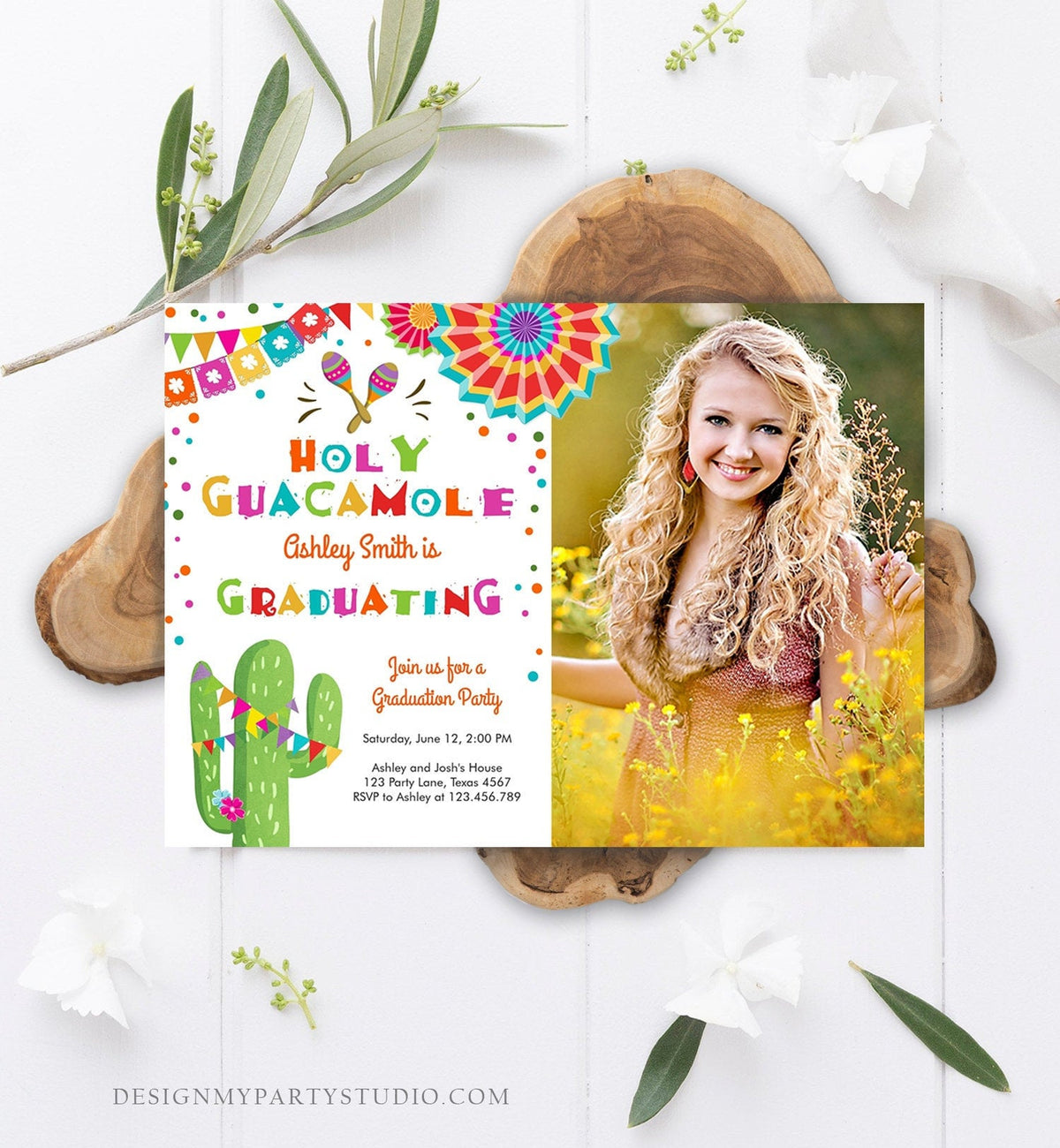 Editable Holy Guacamole Graduation Party Invitation Cactus Let&#39;s Fiesta Grad Mexican Graduate Graduating College School Corjl Template 0045