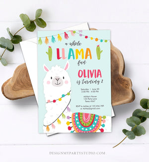 Editable Whole Llama Fun Birthday Invitation Fiesta Mexican Cactus Blue Boy Girl Alpaca Instant Download Corjl Template Printable 0079