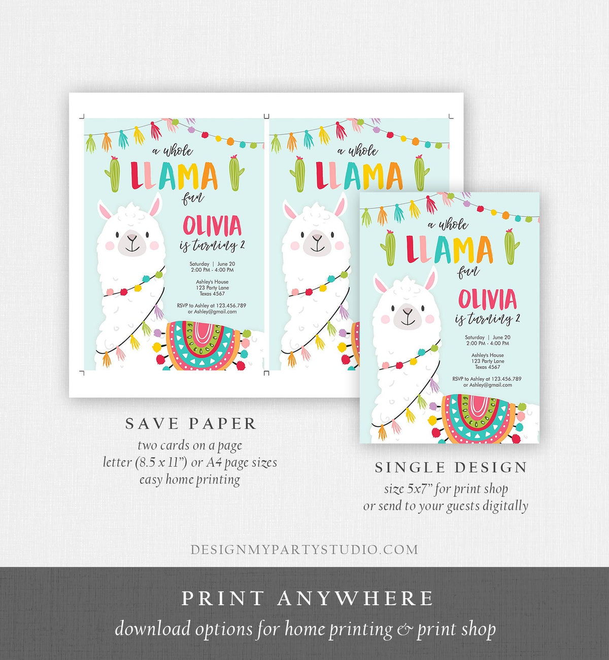 Editable Whole Llama Fun Birthday Invitation Fiesta Mexican Cactus Blue Boy Girl Alpaca Instant Download Corjl Template Printable 0079