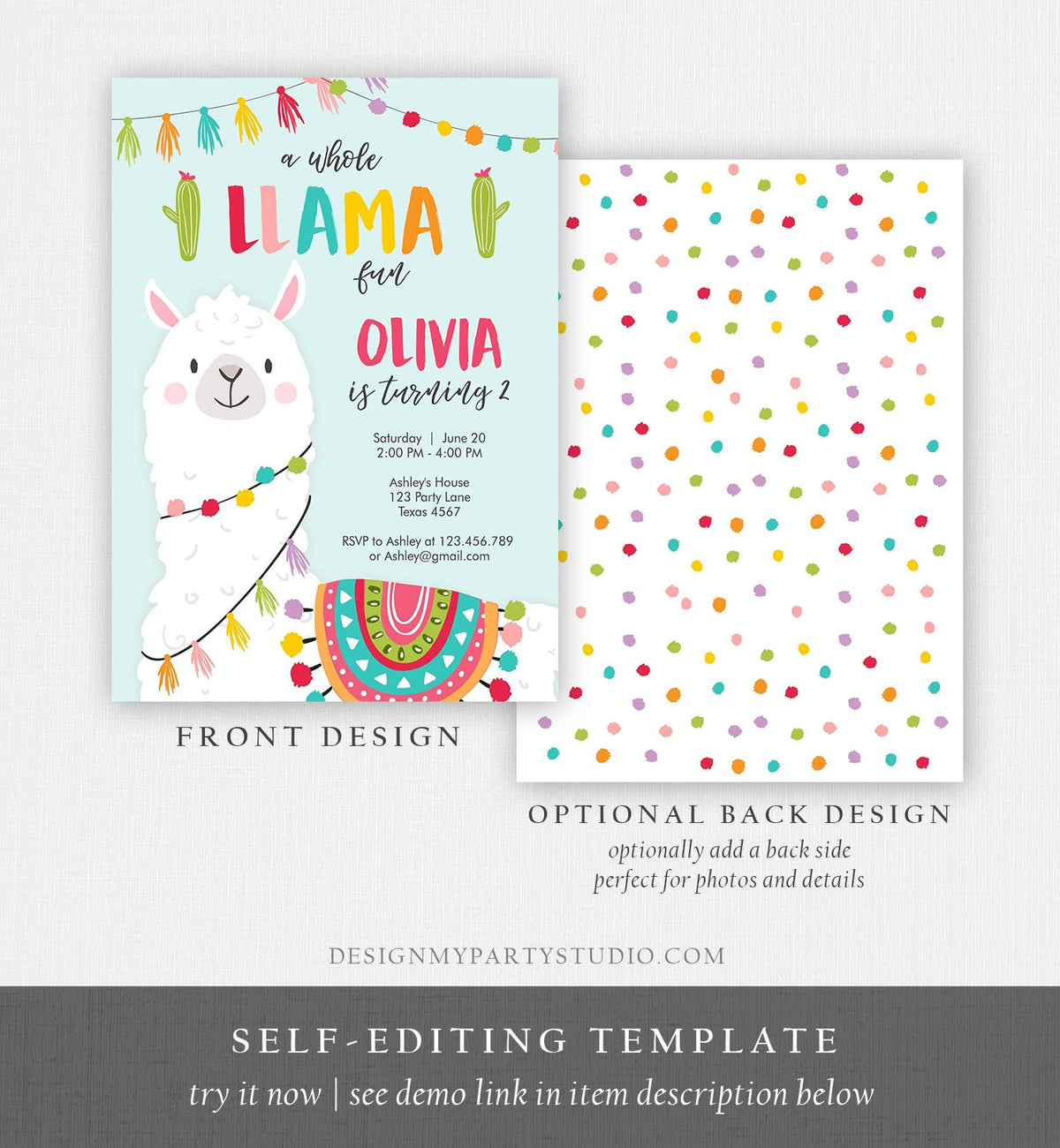 Editable Whole Llama Fun Birthday Invitation Fiesta Mexican Cactus Blue Boy Girl Alpaca Instant Download Corjl Template Printable 0079