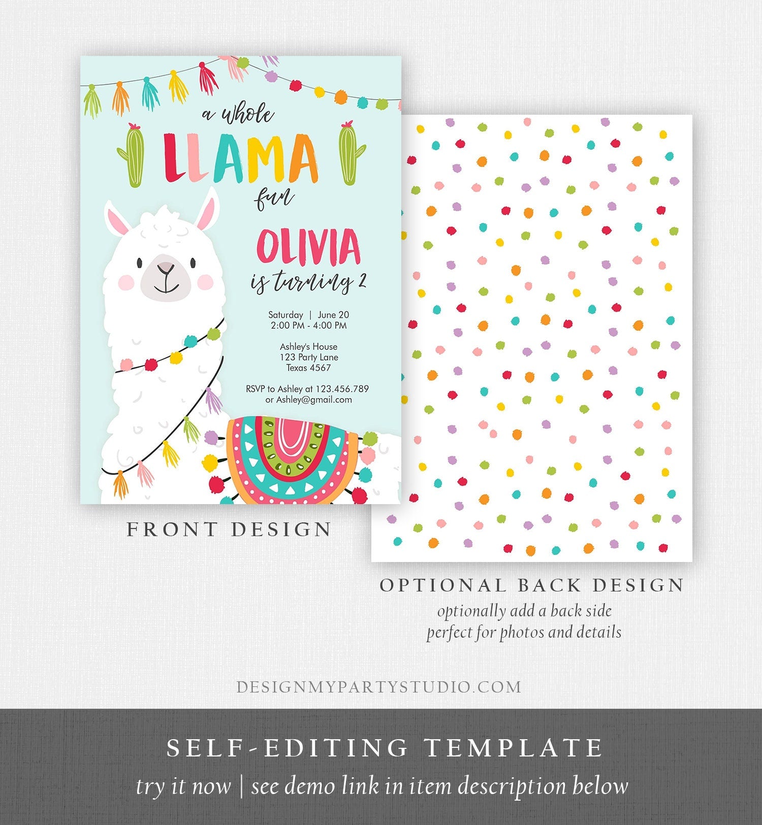 Editable Whole Llama Fun Birthday Invitation Fiesta Mexican Cactus Blue Boy Girl Alpaca Instant Download Corjl Template Printable 0079