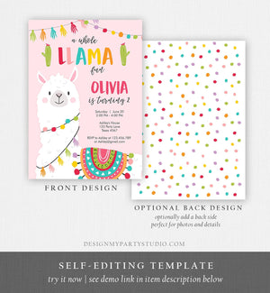 Editable Whole Llama Fun Birthday Invitation Fiesta Mexican Cactus Pink Girl Teal Alpaca Instant Download Corjl Template Printable 0079