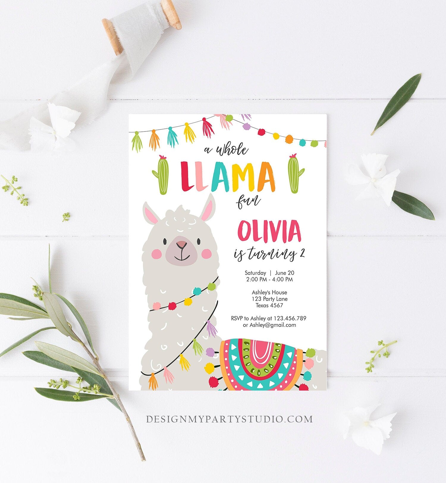 Editable Whole Llama Fun Birthday Invitation Fiesta Mexican Cactus White Boy Girl Alpaca Instant Download Corjl Template Printable 0079