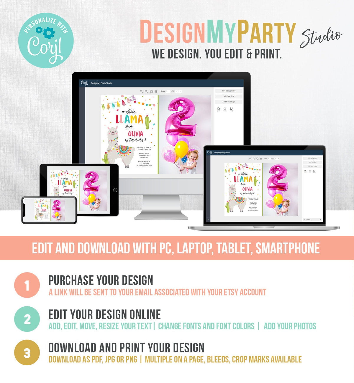 Editable Whole Llama Fun Birthday invitation Llama Cactus Girls Alpaca Fiesta Instant Download Printable Invitation Template Corjl 0079