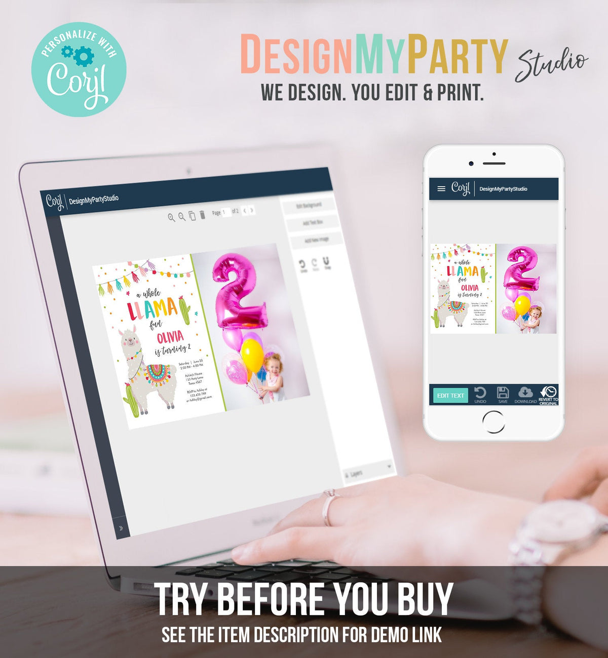 Editable Whole Llama Fun Birthday invitation Llama Cactus Girls Alpaca Fiesta Instant Download Printable Invitation Template Corjl 0079