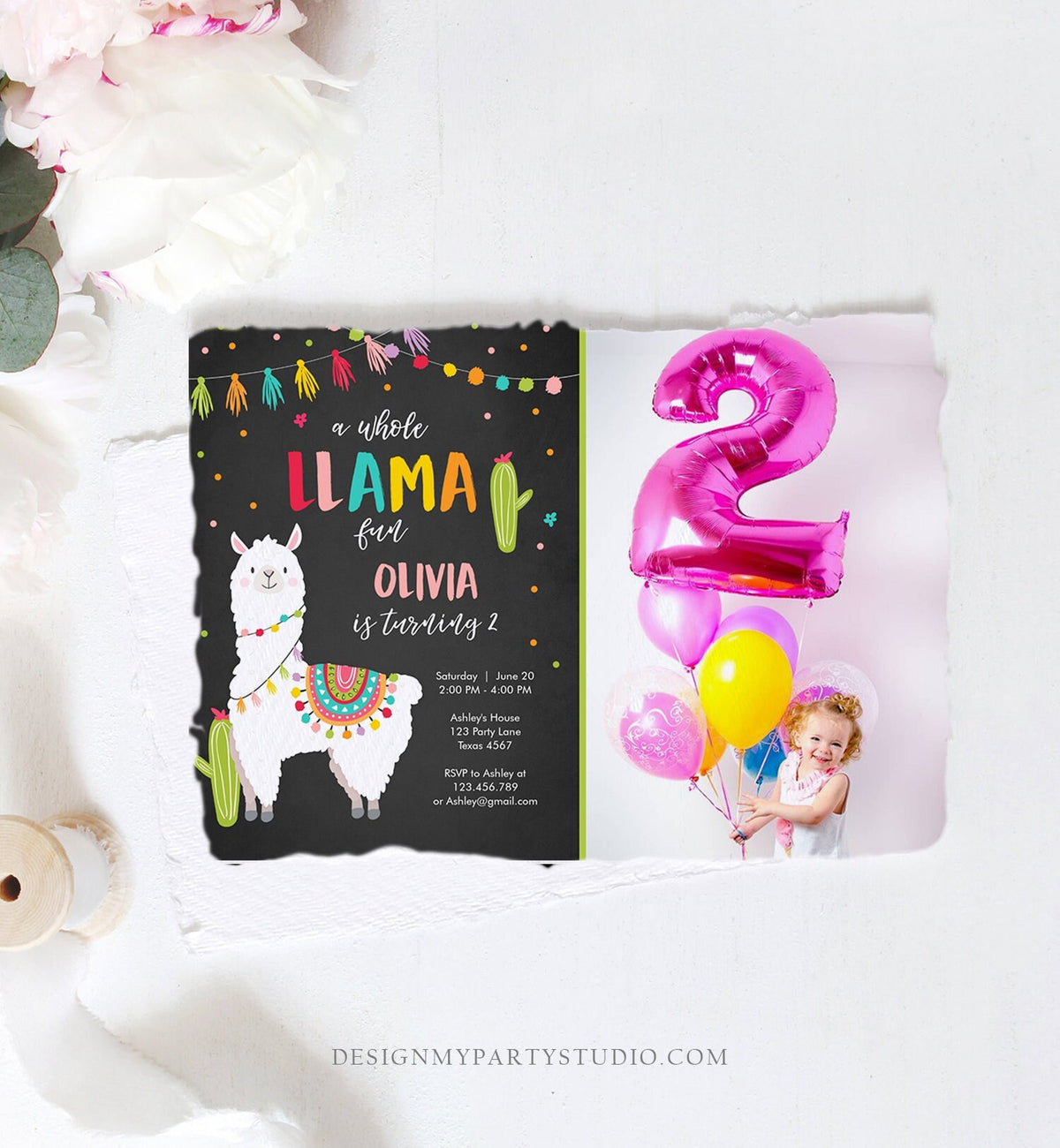 Editable Whole Llama Fun Birthday Invitation Fiesta Mexican Cactus Alpaca Girl Pink Chalk Instant Download Printable Corjl Template 0079