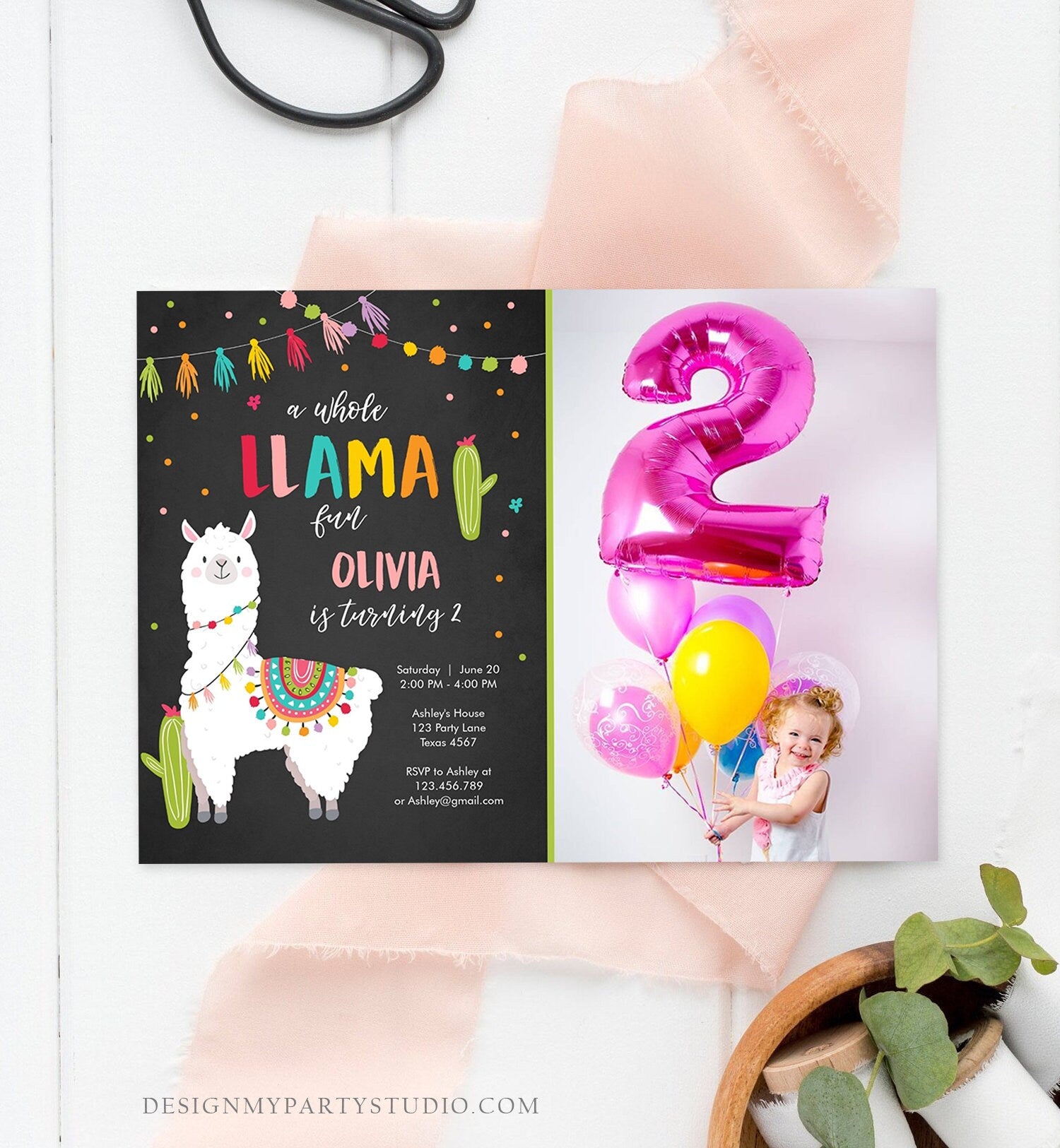Editable Whole Llama Fun Birthday Invitation Fiesta Mexican Cactus Alpaca Girl Pink Chalk Instant Download Printable Corjl Template 0079