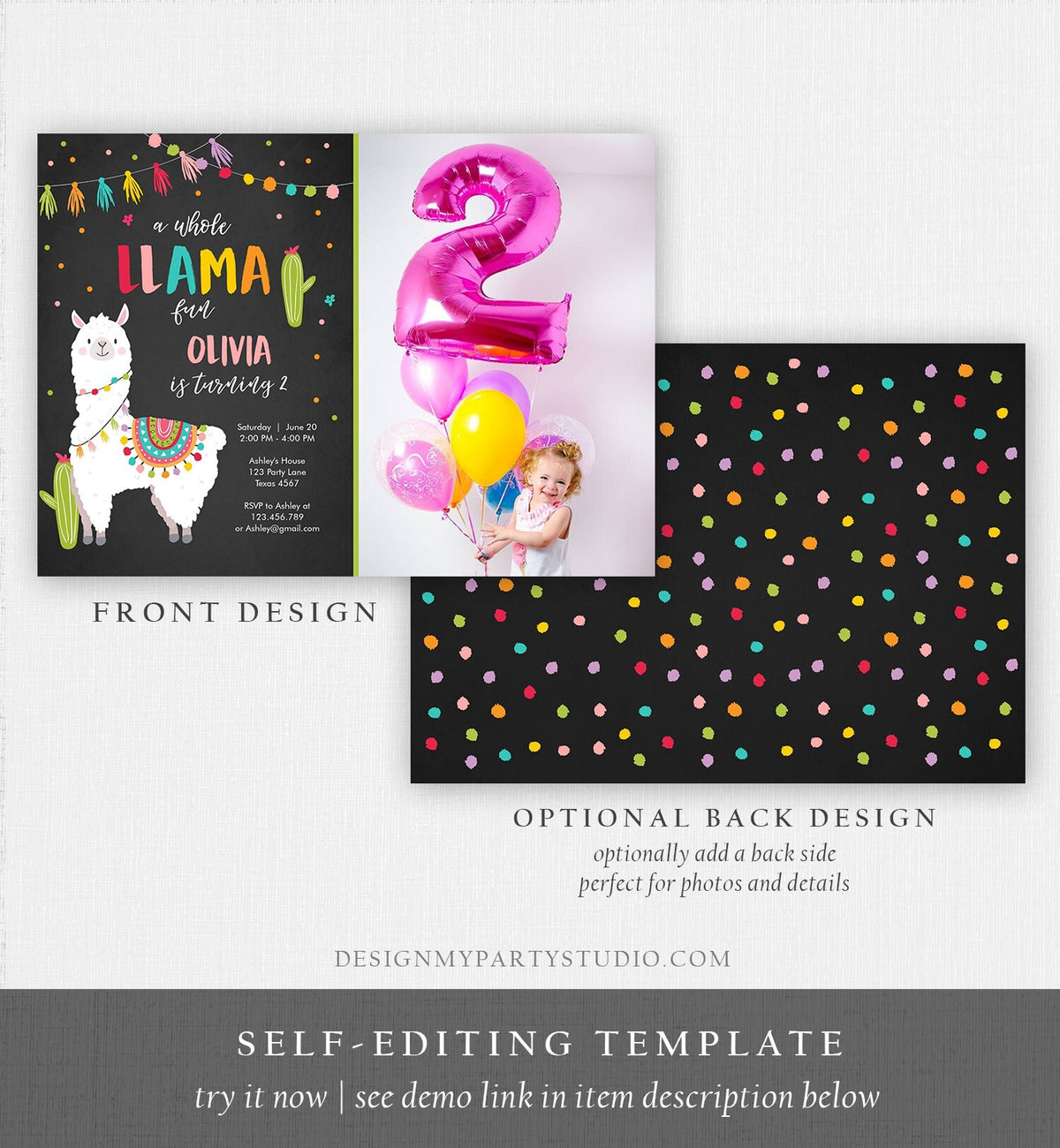 Editable Whole Llama Fun Birthday Invitation Fiesta Mexican Cactus Alpaca Girl Pink Chalk Instant Download Printable Corjl Template 0079