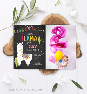 Editable Whole Llama Fun Birthday Invitation Fiesta Mexican Cactus Alpaca Girl Pink Chalk Instant Download Printable Corjl Template 0079