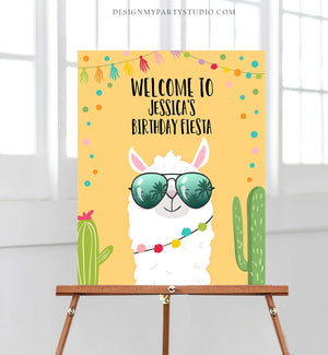 Editable Llama Welcome Sign Sunglasses Birthday Party Whole Llama Alpaca Poster Yellow Neutral Mexican Fiesta Shower Corjl Template 0079