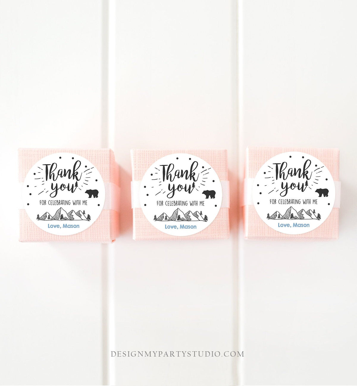 Editable Adventure Thank You Tags Boy Birthday Mountains Bear Woodland Wild One Stickers Favor Round Square Onederful Corjl Template 0083