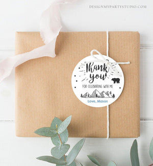 Editable Adventure Thank You Tags Boy Birthday Mountains Bear Woodland Wild One Stickers Favor Round Square Onederful Corjl Template 0083