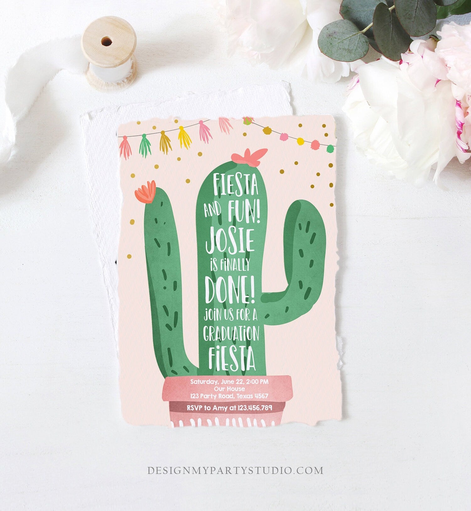 Editable Graduation Fiesta and Fun Party Invitation Finally Done Let's Fiesta Cactus College High School Grad Corjl Template Printable 0255