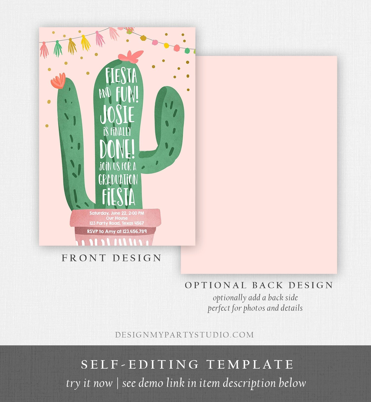 Editable Graduation Fiesta and Fun Party Invitation Finally Done Let's Fiesta Cactus College High School Grad Corjl Template Printable 0255
