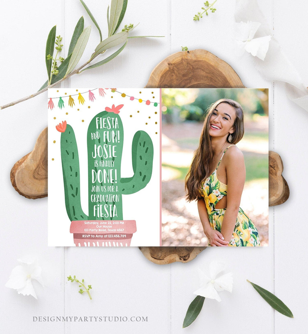 Editable Graduation Fiesta and Fun Party Invitation Finally Done Let's Fiesta Cactus College High School Grad Corjl Template Printable 0255