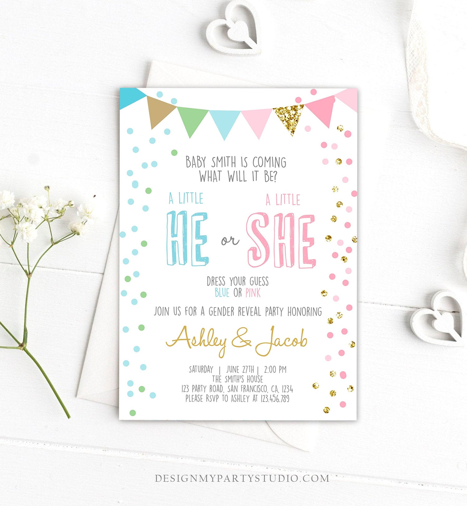 Editable Gender Reveal Invitation Confetti Blue or Pink Gold Boy or Girl He or She Rustic Instant Download Printable Template Corjl 0228