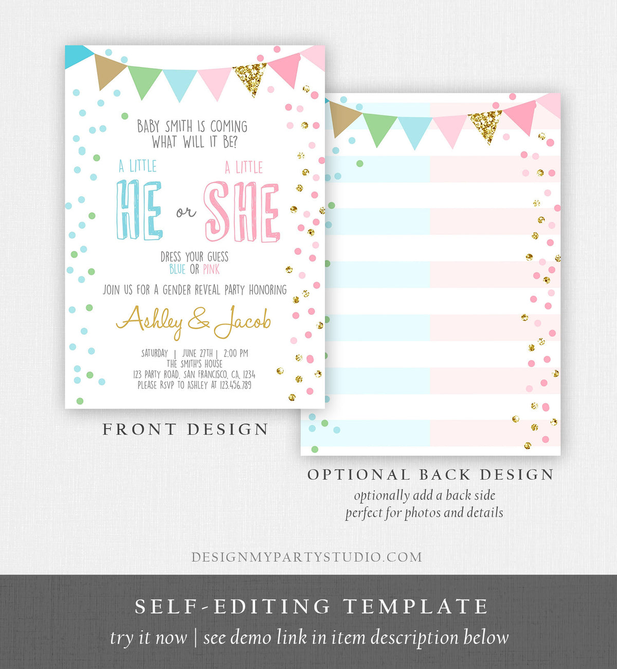 Editable Gender Reveal Invitation Confetti Blue or Pink Gold Boy or Girl He or She Rustic Instant Download Printable Template Corjl 0228