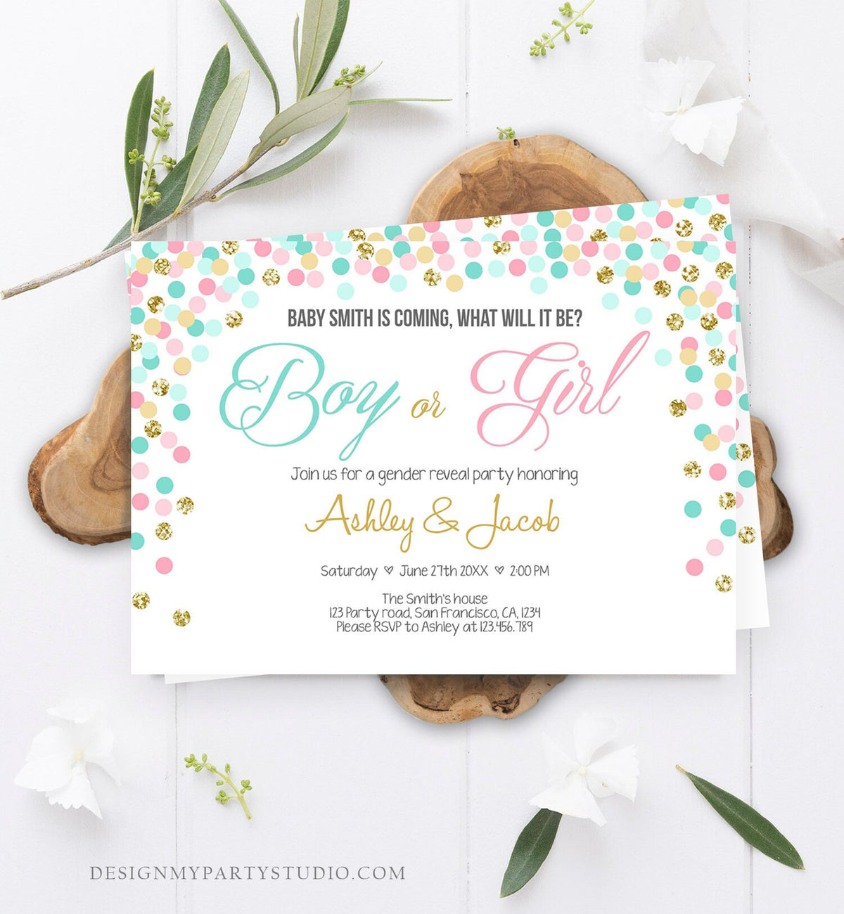Editable Gender Reveal Invitation Confetti Blue or Pink Gold Boy or Girl He or She Rustic Instant Download Printable Template Corjl 0133