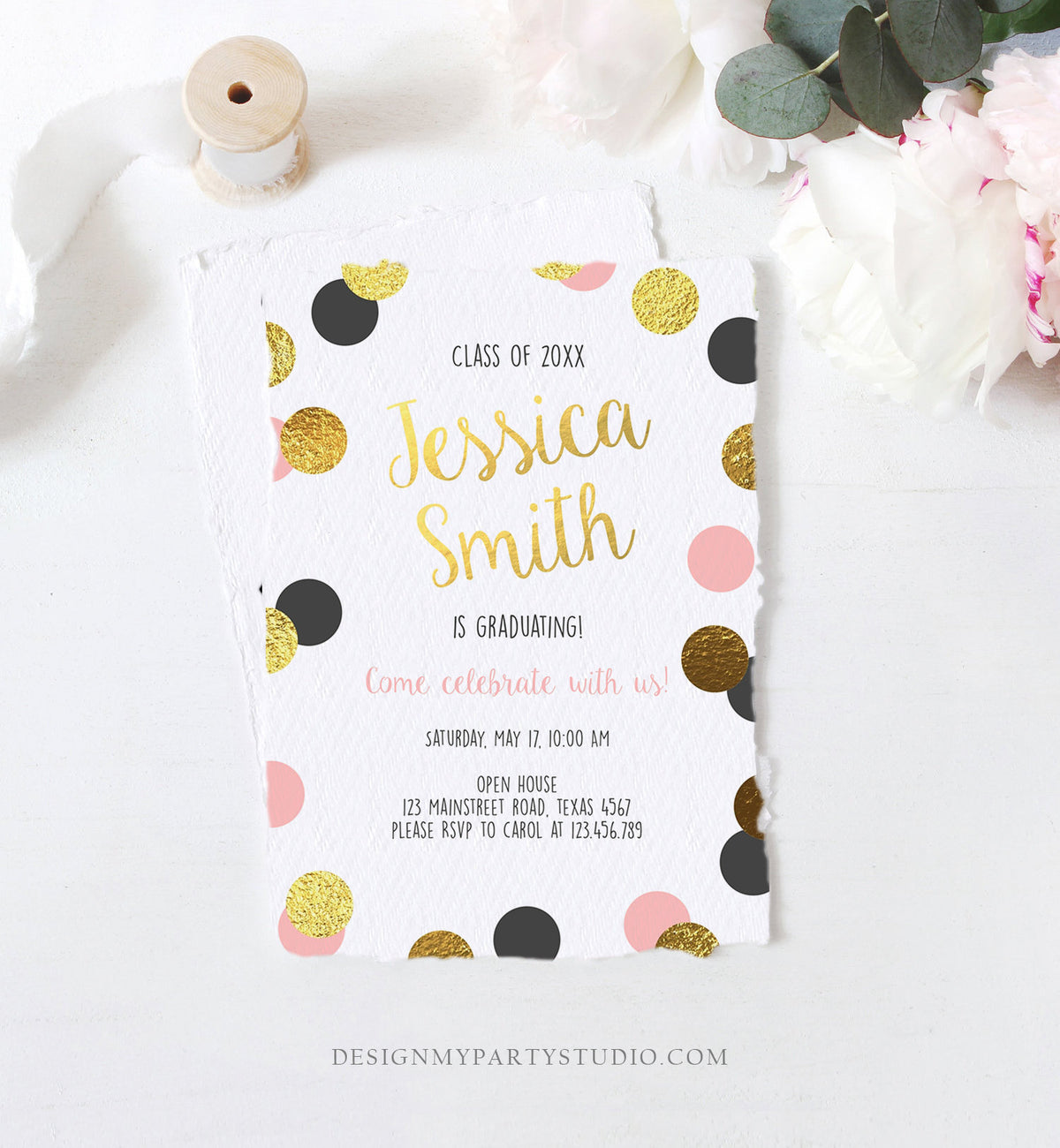 Editable Graduation Party Invitation Gold Pink Girl Polka Dots Glamorous College High School Grad Download Corjl Template Printable 0304