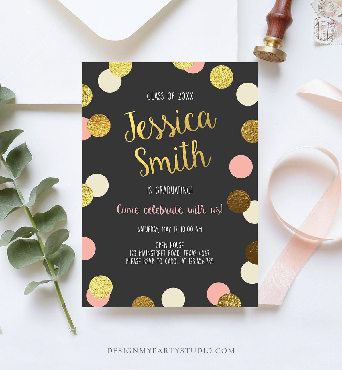 Editable Graduation Party Invitation Gold Pink Girl Polka Dots Glamorous College High School Grad Download Corjl Template Printable 0304