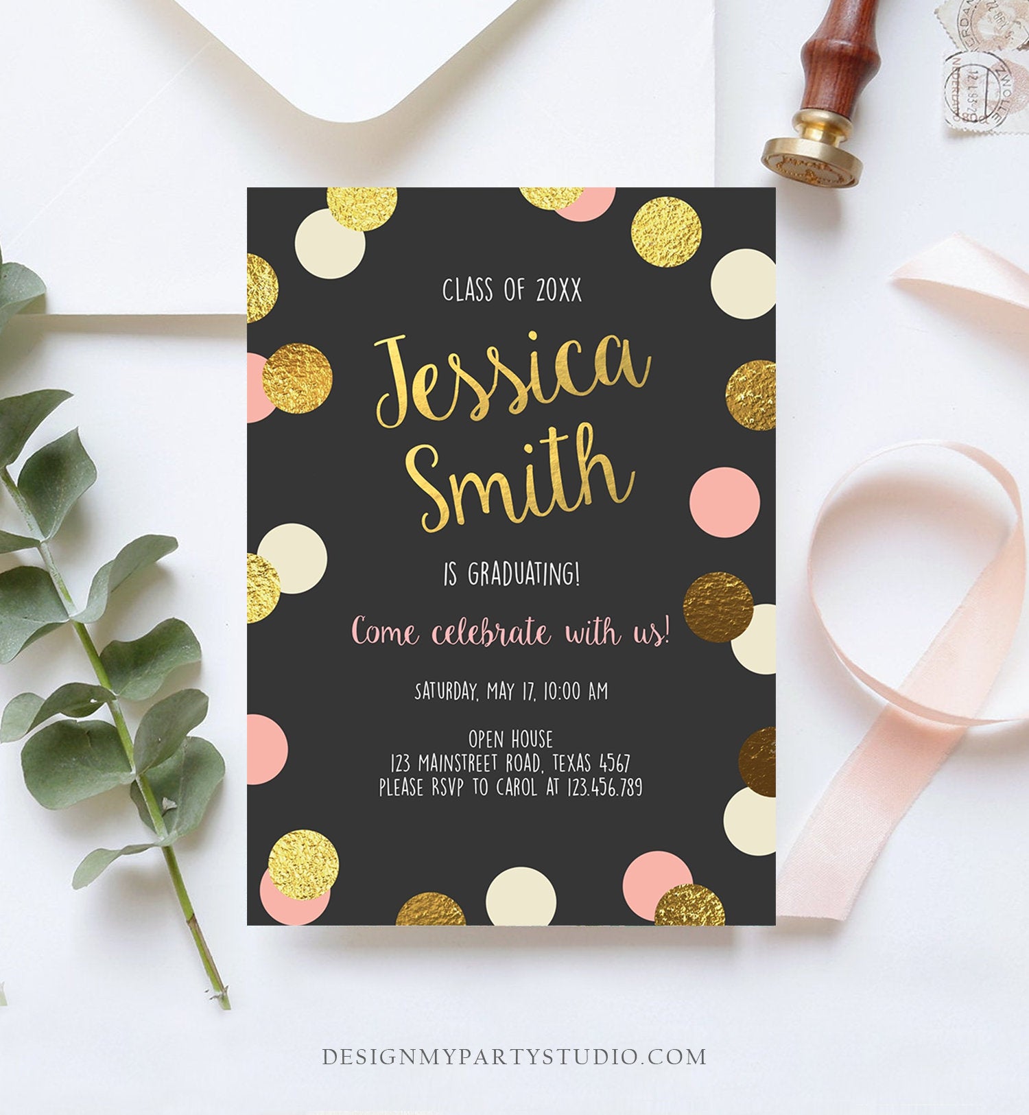 Editable Graduation Party Invitation Gold Pink Girl Polka Dots Glamorous College High School Grad Download Corjl Template Printable 0304