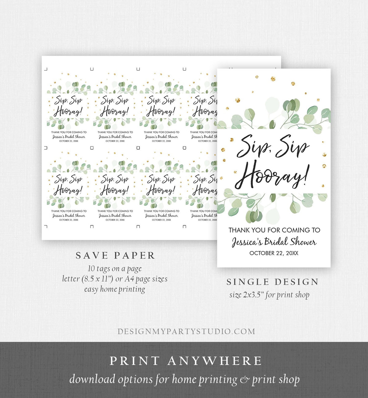 Editable Sip Sip Hooray Bridal Shower Eucalyptus Thank You Tags Wine Bottle Favor Watercolor Greenery Gold Champagne Wedding Corjl 0029