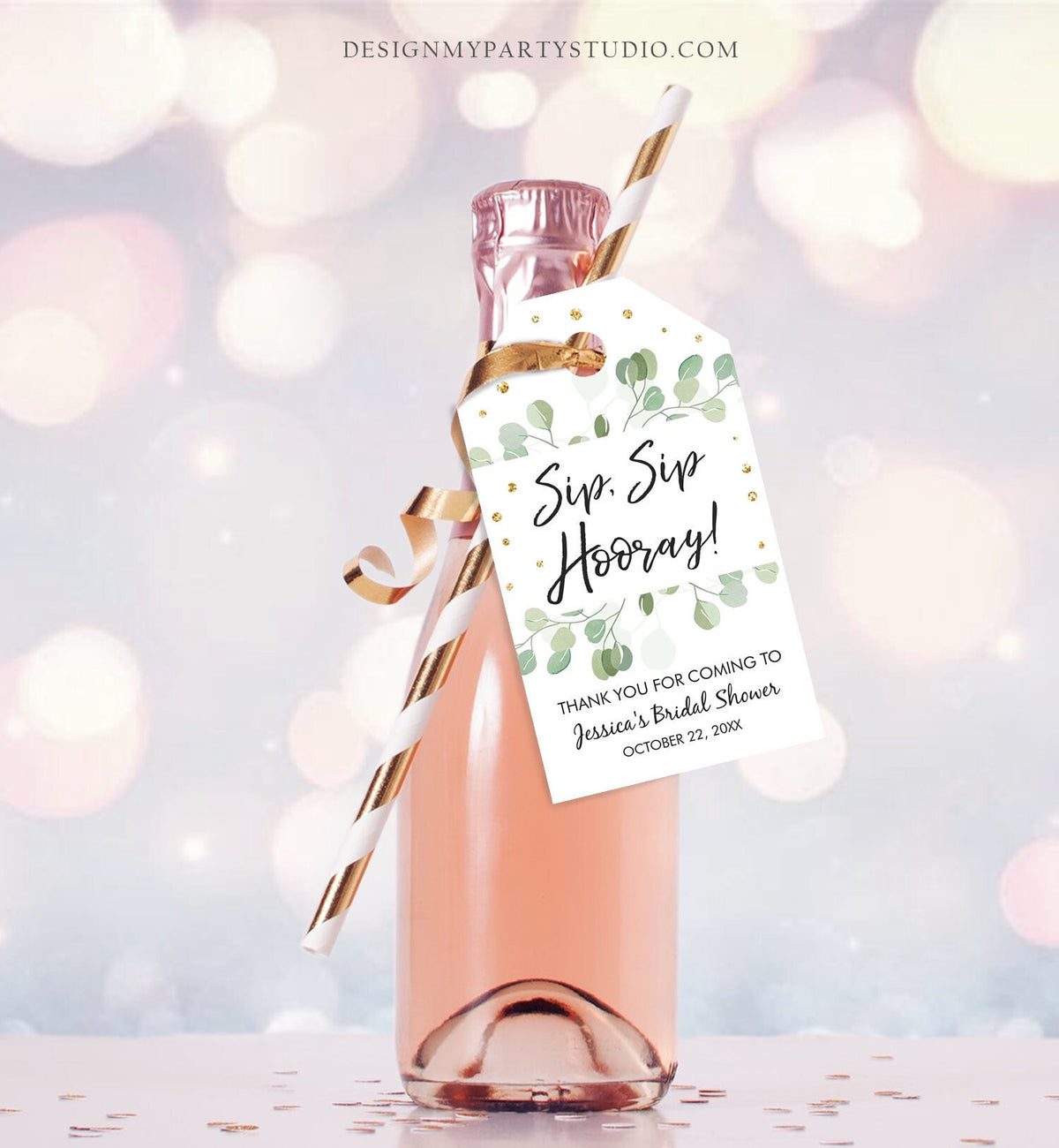 Editable Sip Sip Hooray Bridal Shower Eucalyptus Thank You Tags Wine Bottle Favor Watercolor Greenery Gold Champagne Wedding Corjl 0029